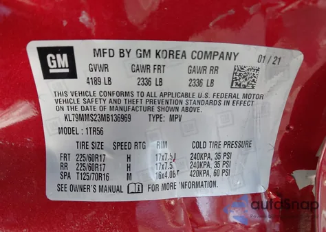 2021 Chevrolet Trailblazer Fwd Ls из США, поврежденный, VIN KL79MMS23MB136969